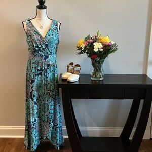 Lands' End Teal and Navy Paisley Sleeveless Maxi Dress